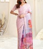 Light Pink Organza Floral Print Zari Border Saree With Unstitched Blouse Piece