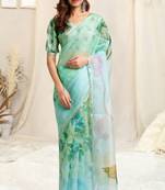 Light Green Organza Floral Print Zari Border Saree With Unstitched Blouse Piece