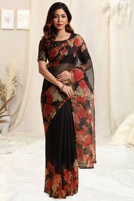 Black kota doria floral print golden zari border saree with unstitched blouse piece 1