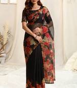 Black kota doria floral print golden zari border saree with unstitched blouse piece