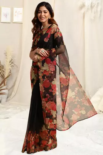 Black kota doria floral print golden zari border saree with unstitched blouse piece