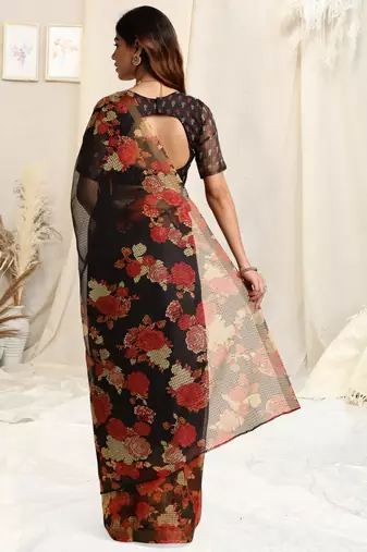Black kota doria floral print golden zari border saree with unstitched blouse piece