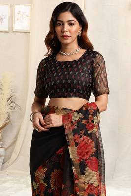 Black kota doria floral print golden zari border saree with unstitched blouse piece 4