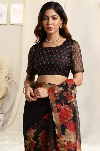Black kota doria floral print golden zari border saree with unstitched blouse piece