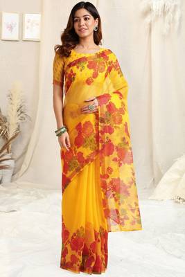 Yellow kota doria floral print golden zari border saree with unstitched blouse piece 1