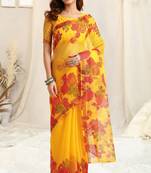 Yellow kota doria floral print golden zari border saree with unstitched blouse piece