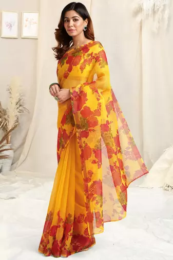 Yellow kota doria floral print golden zari border saree with unstitched blouse piece