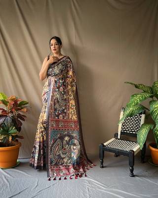 Yellow Cotton Blend Kalamkari Print Rich Pallu Saree With Blouse 1