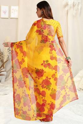 Yellow kota doria floral print golden zari border saree with unstitched blouse piece 3