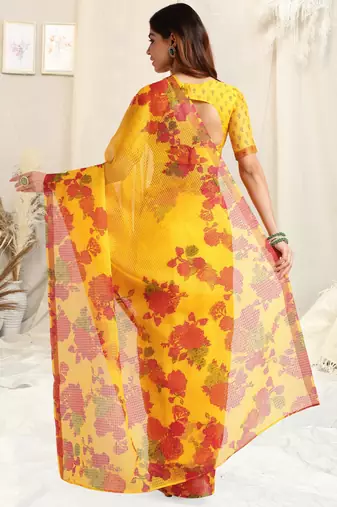 Yellow kota doria floral print golden zari border saree with unstitched blouse piece