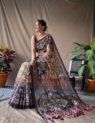 Yellow Cotton Blend Kalamkari Print Rich Pallu Saree With Blouse 2