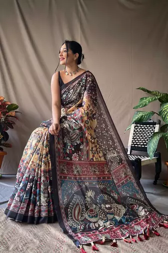 Yellow Cotton Blend Kalamkari Print Rich Pallu Saree With Blouse