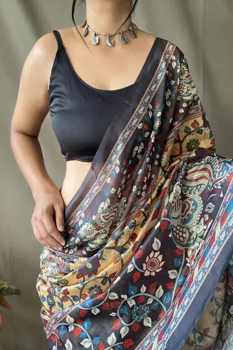 Yellow Cotton Blend Kalamkari Print Rich Pallu Saree With Blouse