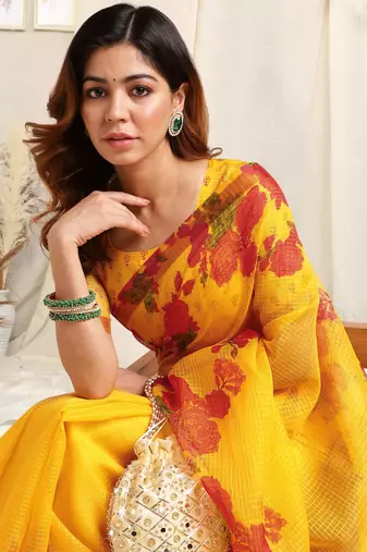 Yellow kota doria floral print golden zari border saree with unstitched blouse piece