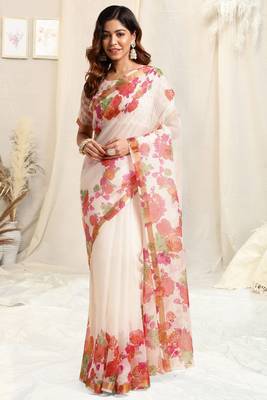 White kota doria floral print golden zari border saree with unstitched blouse piece 1