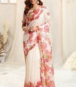 White kota doria floral print golden zari border saree with unstitched blouse piece