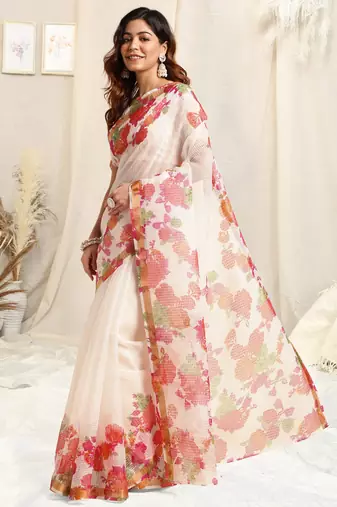 White kota doria floral print golden zari border saree with unstitched blouse piece