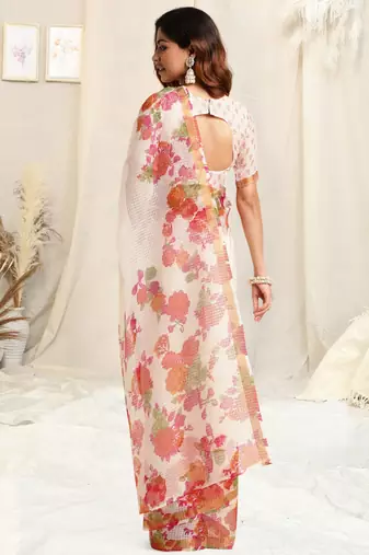 White kota doria floral print golden zari border saree with unstitched blouse piece