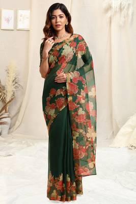 Green kota doria floral print golden zari border saree with unstitched blouse piece 1