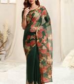 Green kota doria floral print golden zari border saree with unstitched blouse piece
