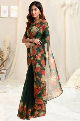 Green kota doria floral print golden zari border saree with unstitched blouse piece 2