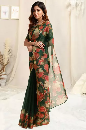 Green kota doria floral print golden zari border saree with unstitched blouse piece