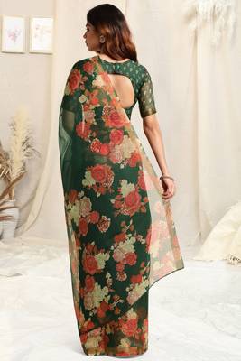 Green kota doria floral print golden zari border saree with unstitched blouse piece 3