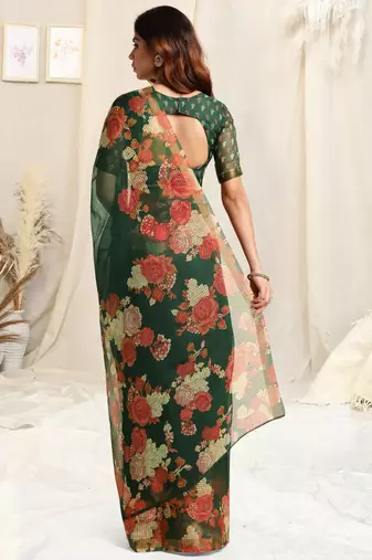 Green kota doria floral print golden zari border saree with unstitched blouse piece