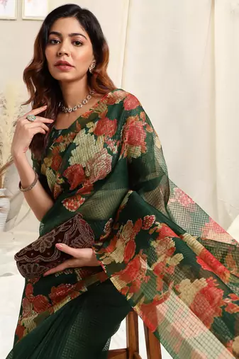 Green kota doria floral print golden zari border saree with unstitched blouse piece