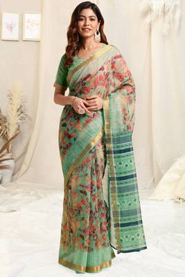 Light Teal Kota Doria Leaf Print Stripe Print Golden Zari Border Saree With Unstitched Blouse Piece 1