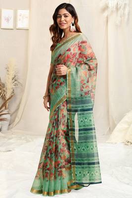 Light Teal Kota Doria Leaf Print Stripe Print Golden Zari Border Saree With Unstitched Blouse Piece 2