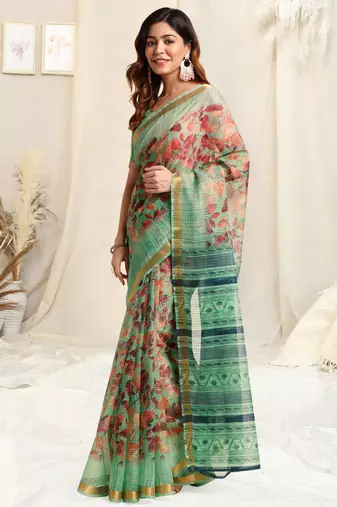 Light Teal Kota Doria Leaf Print Stripe Print Golden Zari Border Saree With Unstitched Blouse Piece