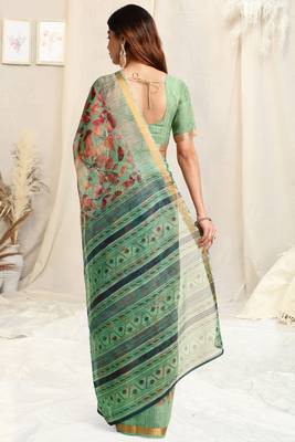 Light Teal Kota Doria Leaf Print Stripe Print Golden Zari Border Saree With Unstitched Blouse Piece 3