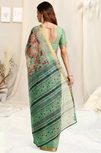 Light Teal Kota Doria Leaf Print Stripe Print Golden Zari Border Saree With Unstitched Blouse Piece