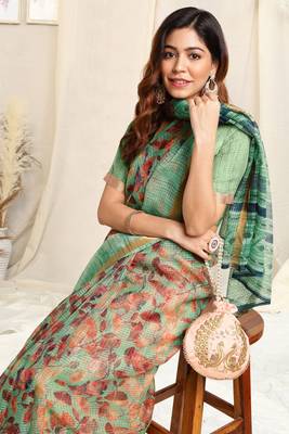Light Teal Kota Doria Leaf Print Stripe Print Golden Zari Border Saree With Unstitched Blouse Piece 5