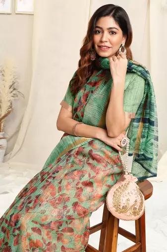 Light Teal Kota Doria Leaf Print Stripe Print Golden Zari Border Saree With Unstitched Blouse Piece