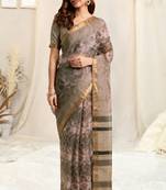 Beige kota doria geometric print stripe print golden zari border saree with unstitched blouse piece