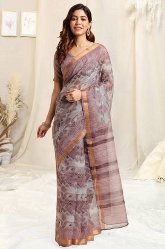 Grey kota doria geometric print stripe print golden zari border saree with unstitched blouse piece