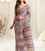 Grey kota doria geometric print stripe print golden zari border saree with unstitched blouse piece