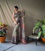 Green Cotton Blend Woven Kalamkari Style Work &  Rich Pallu Saree With Blouse