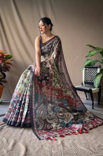 Green Cotton Blend Woven Kalamkari Style Work &  Rich Pallu Saree With Blouse