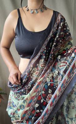 Green Cotton Blend Woven Kalamkari Style Work &  Rich Pallu Saree With Blouse 3