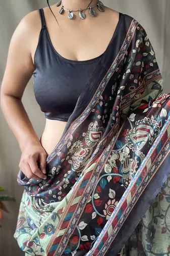 Green Cotton Blend Woven Kalamkari Style Work &  Rich Pallu Saree With Blouse
