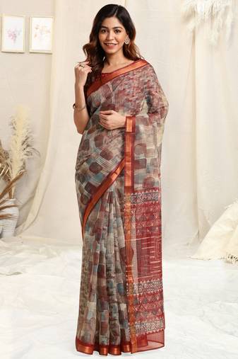 Beige Kota Doria Abstract Print Geometric Print Golden Zari Border Saree With Unstitched Blouse Piece