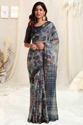 Navy Blue Kota Doria Abstract Print Geometric Print Golden Zari Border Saree With Unstitched Blouse Piece