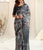 Navy Blue Kota Doria Abstract Print Geometric Print Golden Zari Border Saree With Unstitched Blouse Piece