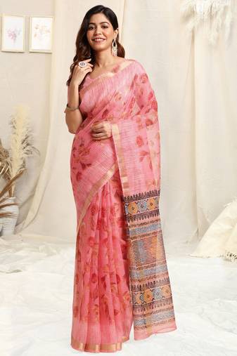 Light pink kota doria floral block print golden zari border saree with unstitched blouse piece