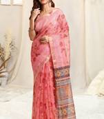 Light pink kota doria floral block print golden zari border saree with unstitched blouse piece