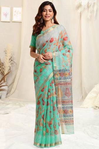 Light teal kota doria floral block print golden zari border saree with unstitched blouse piece