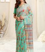 Light teal kota doria floral block print golden zari border saree with unstitched blouse piece